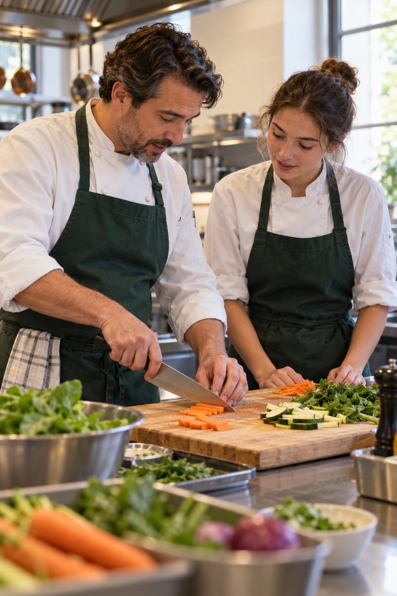 An experienced chef showing a hospitality student a kitchen technique