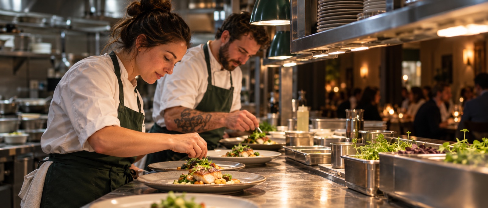 Restaurant kitchen staff working together to plate dishes