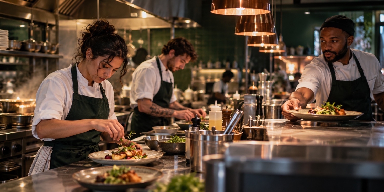 Two kitchen colleagues preparing dishes together before restaurant service
